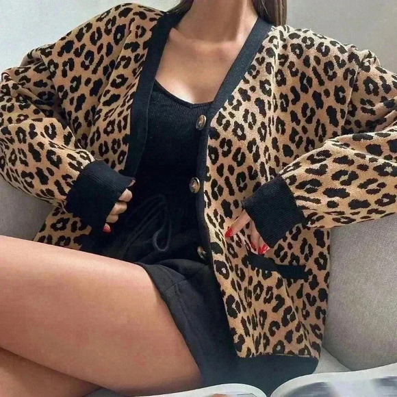 Brown Casual Women's Loose Fit Leopard Print Open Front Cardigan - Picture 3 of 6